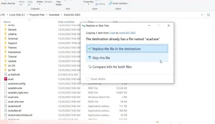 Chọn Replace the files the destination